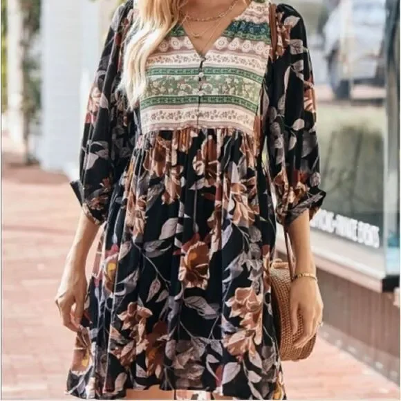 Umgee boho dress with balloon sleeve - Picture 1 of 10